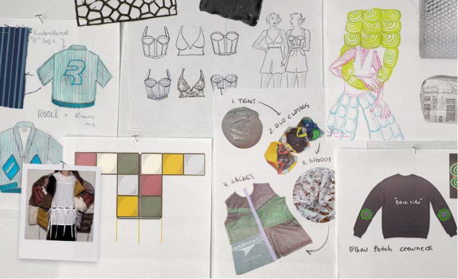 A scatter of sketchbook pages featuring drawings, images and collages.